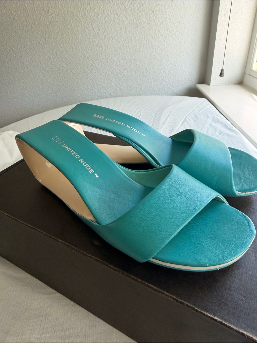 United Nude Möbius Mid Turquoise Slide Wedge Mules